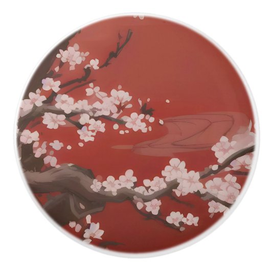 Japans Artstyle White Cherry Blossom Red Keramische Knop (Voorkant)