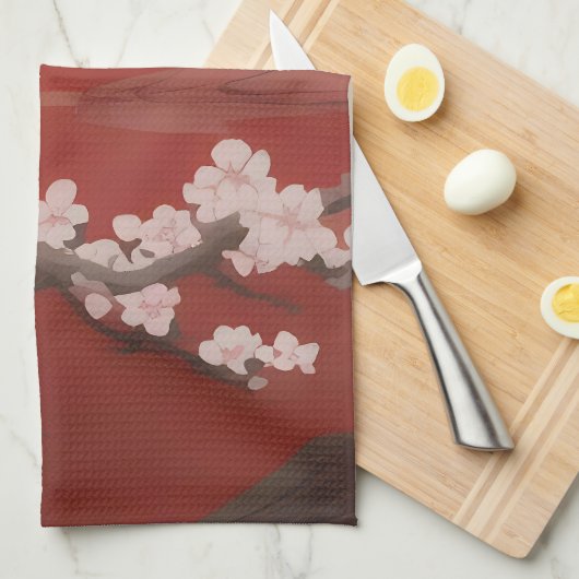 Japans Artstyle White Cherry Blossom Red Theedoek (Quarter Fold)