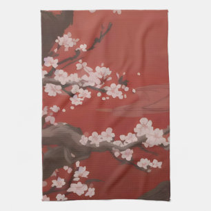 Japans Artstyle White Cherry Blossom Red Theedoek