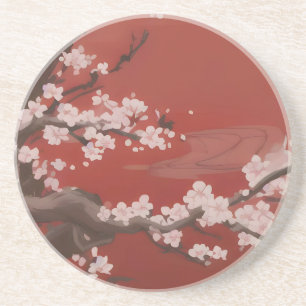 Japans Artstyle White Cherry Blossom Red Zandsteen Onderzetter