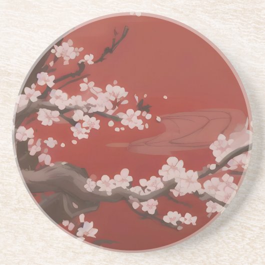 Japans Artstyle White Cherry Blossom Red Zandsteen Onderzetter (Voorkant)