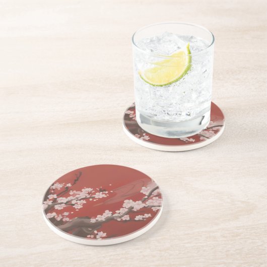 Japans Artstyle White Cherry Blossom Red Zandsteen Onderzetter (Zijkant)