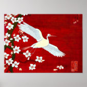 Japans Artstyle White Crane Cherry Blossom Red Poster (Voorkant)