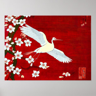 Japans Artstyle White Crane Cherry Blossom Red Poster