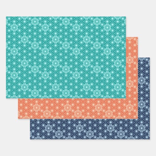Japans Asanoha-patroon, Turquoise, Coral, Blue  Inpakpapier Vel (Set)