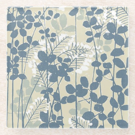 Japans Aziatisch Blauw Blad Bloem Glazen Onderzetter (Voorkant)