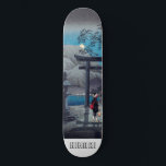 Japans Aziatisch kunstmeer in Moonlight Persoonlijk Skateboard<br><div class="desc">Een lichtblauw en grijs  Japans gedrukt gepersonaliseerd skateboard. Moonlight,  bergen.</div>