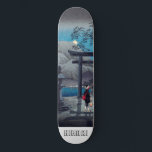 Japans Aziatisch kunstmeer in Moonlight Persoonlijk Skateboard<br><div class="desc">Een lichtblauw en grijs  Japans gedrukt gepersonaliseerd skateboard. Moonlight,  bergen.</div>