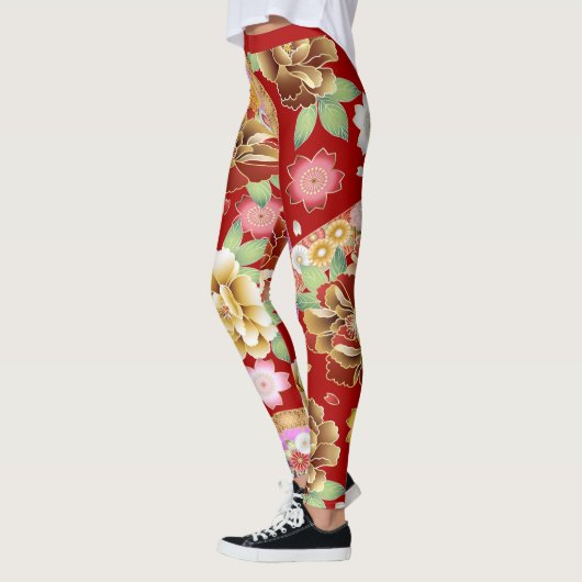 Japans Aziatisch Rood Bloemen Kunstpatroon Leggings (Links)