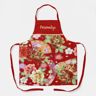 Japans-Aziatisch rood-Floral kunstpatroon Schort