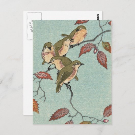 Japans Beeldende Kunst: Groene Vogels Briefkaart (Voorkant / Achterkant)