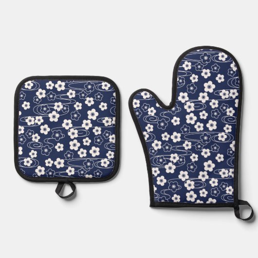 Japans Blauw Sakura Kersenbloesem Bloemen Ovenwant & Pannenlap Set (Voorkant)