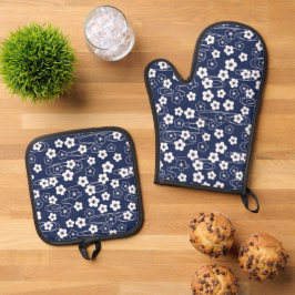 Japans Blauw Sakura Kersenbloesem Bloemen Ovenwant & Pannenlap Set