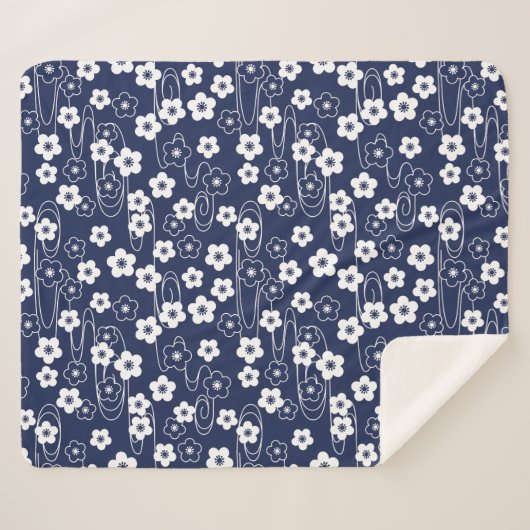Japans Blauw Sakura Kersenbloesem Bloemen Sherpa Deken (Voorkant (horizontaal))
