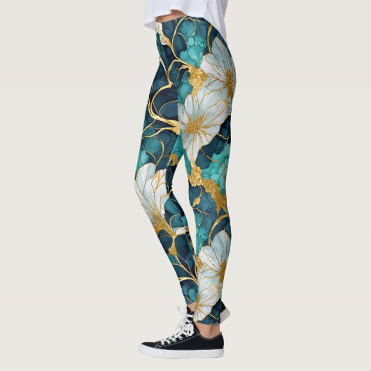 Japans Bloemen Blauwgroen Blauw Goud Leggings (Links)