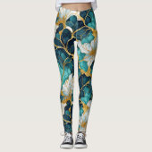 Japans Bloemen Blauwgroen Blauw Goud Leggings (Voorkant)