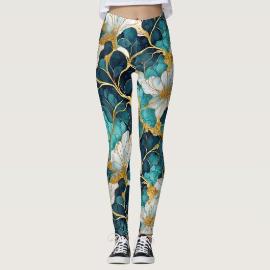 Japans Bloemen Blauwgroen Blauw Goud Leggings (Voorkant)