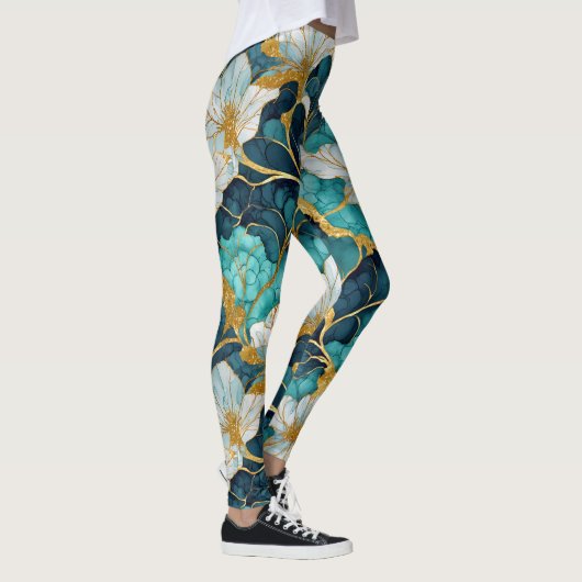 Japans Bloemen Blauwgroen Blauw Goud Leggings (Rechts)