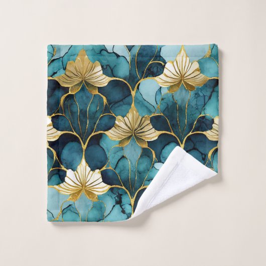 Japans Bloemen Blauwgroen Goud Bad Handdoek (Wasdoekje)