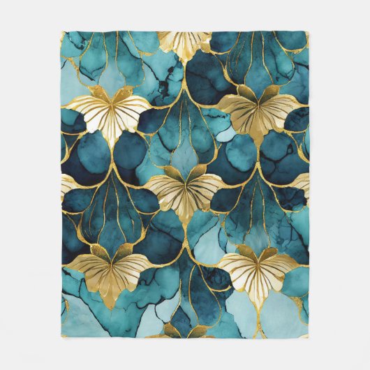 Japans Bloemen Blauwgroen Goud Fleece Deken (Voorkant)