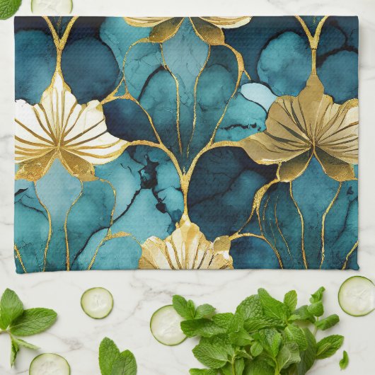 Japans Bloemen Blauwgroen Goud Theedoek (Gevouwen)