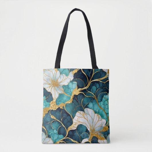 Japans Bloemen Blauwgroen Goud Tote Bag (Voorkant)