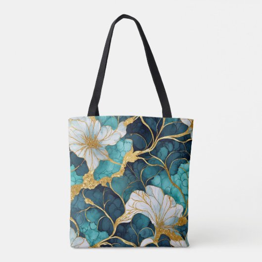 Japans Bloemen Blauwgroen Goud Tote Bag (Achterkant)