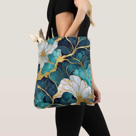 Japans Bloemen Blauwgroen Goud Tote Bag (Dichtbij)