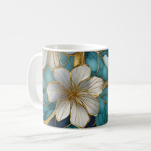 Japans Bloemen Blauwgroen Gouden Koffie Mok (Voorkant links)