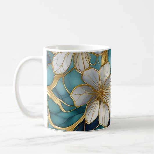 Japans Bloemen Blauwgroen Gouden Koffie Mok (Links)