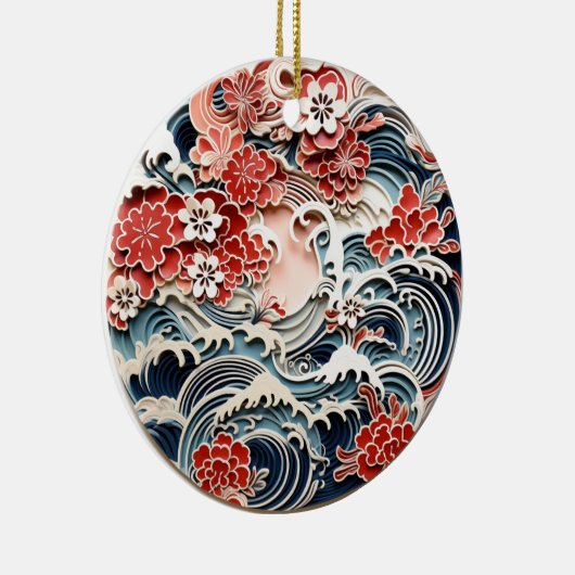 Japans Bloemen en Golven Keramisch Ornament (Rechts)