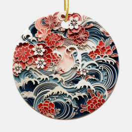 Japans Bloemen en Golven Keramisch Ornament