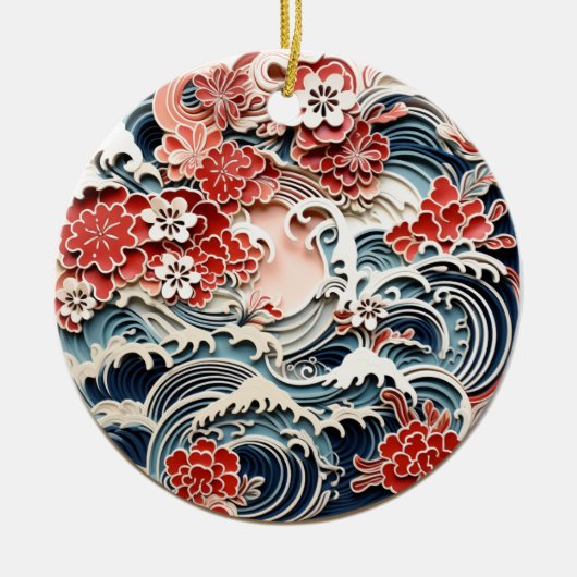 Japans Bloemen en Golven Keramisch Ornament (Voorkant)