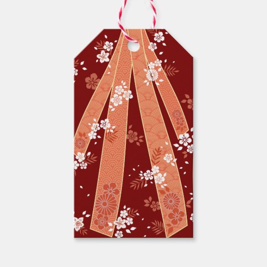 Japans Bloemen Kimono Patroon Koraal Cadeaulabel (Voorkant)