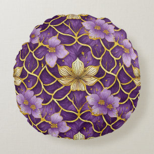 Japans Bloemen Paarse Goud Rond Kussen