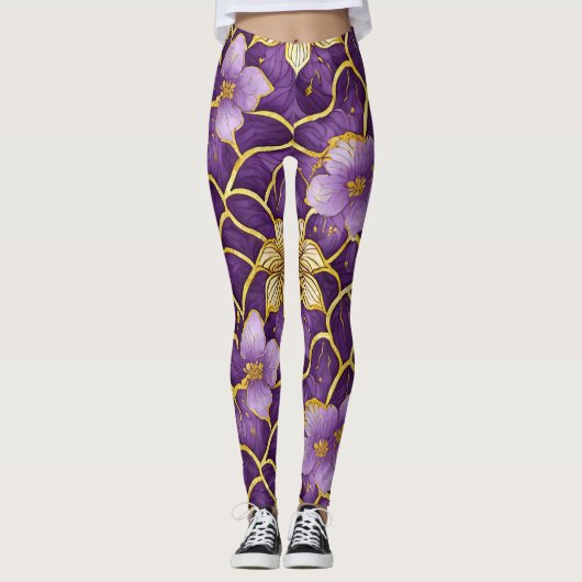 Japans Bloemen Paarse Gouden Leggings (Voorkant)