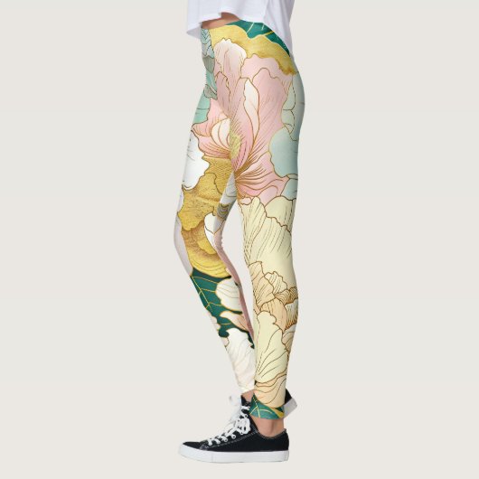 Japans Bloemen Turquoise Gouden Leggings (Links)