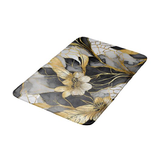 Japans Bloemen Zwart Goud Badmat (Gekanteld)