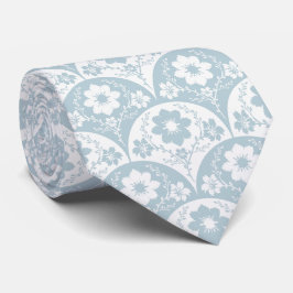 Japans bloempatroon in zachte blauwe en witte tint stropdas
