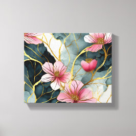 Japans Bloempatroon, Roze Met Goud Canvas Afdruk