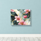 Japans Bloempatroon, Roze Met Goud Canvas Afdruk (Insitu (Houten vloer))