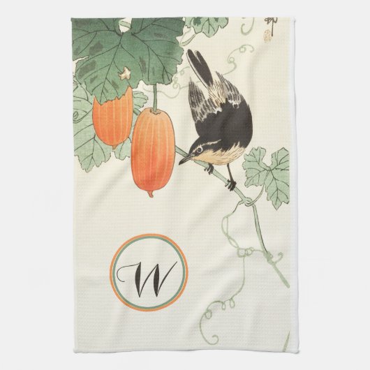 Japans Blok Print Vogel Sinaasappel Fruit Monogram Theedoek (Verticaal)