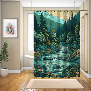 Japans Bos Landschap Anime Art Stijl Douchegordijn
