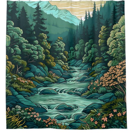 Japans Bos Landschap Anime Art Stijl Douchegordijn (Voorkant)