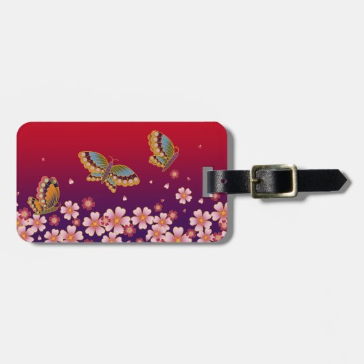 Japans Butterflies en Sakura Blossom Red Paars Bagagelabel (Voorkant horizontaal)
