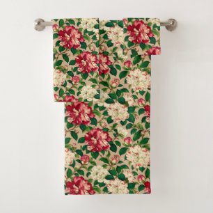 Japans Camellia Patroon. Diep Roze op Beige Bad Handdoek