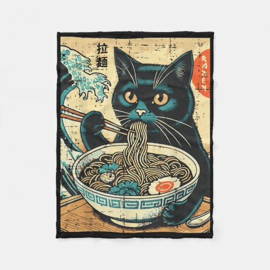 Japans Cat Ramen Great Wave Art Food Mannen Fleece Deken (Voorkant)