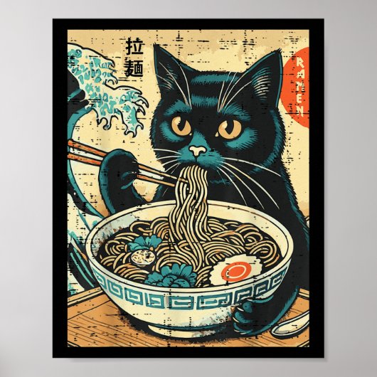Japans Cat Ramen Great Wave Art Food Mannen Poster (Voorkant)