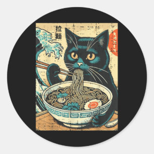 Japans Cat Ramen Great Wave  Art Food Mannen Ronde Sticker