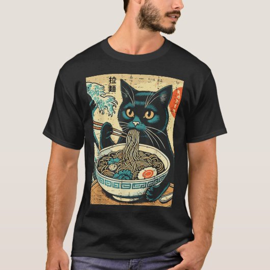 Japans Cat Ramen Great Wave  Art Food Mannen T-shirt (Voorkant)
